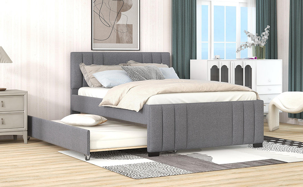 Full Upholstered Platform Bed with Trundle Grey