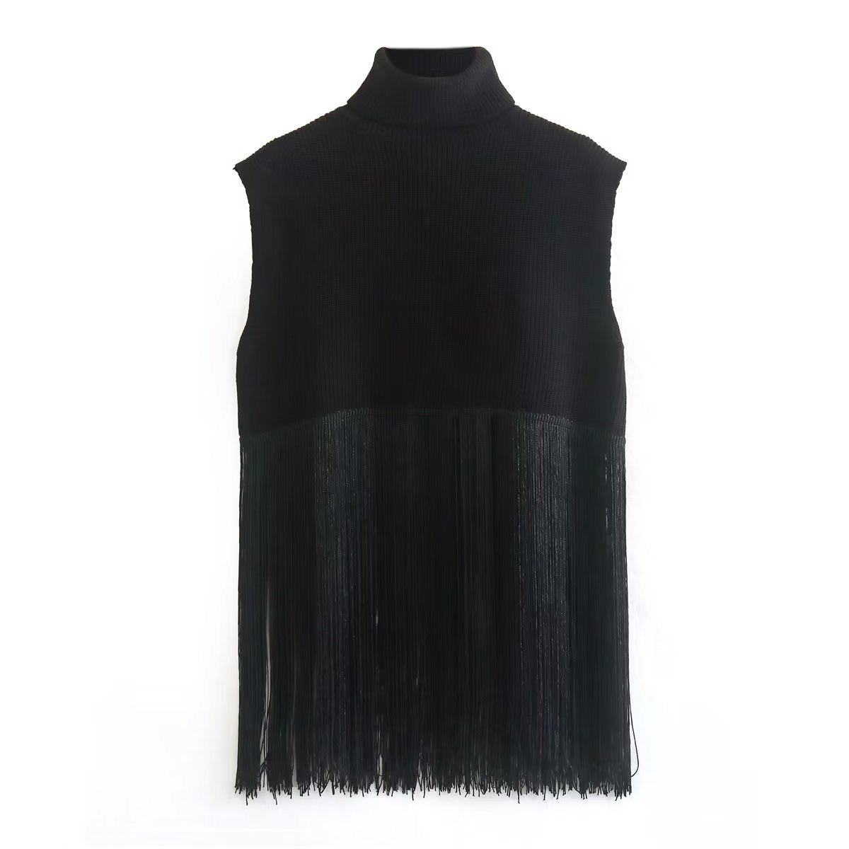 Women Fashion Sleeveless Hem Tassel Black Knitting Sweater