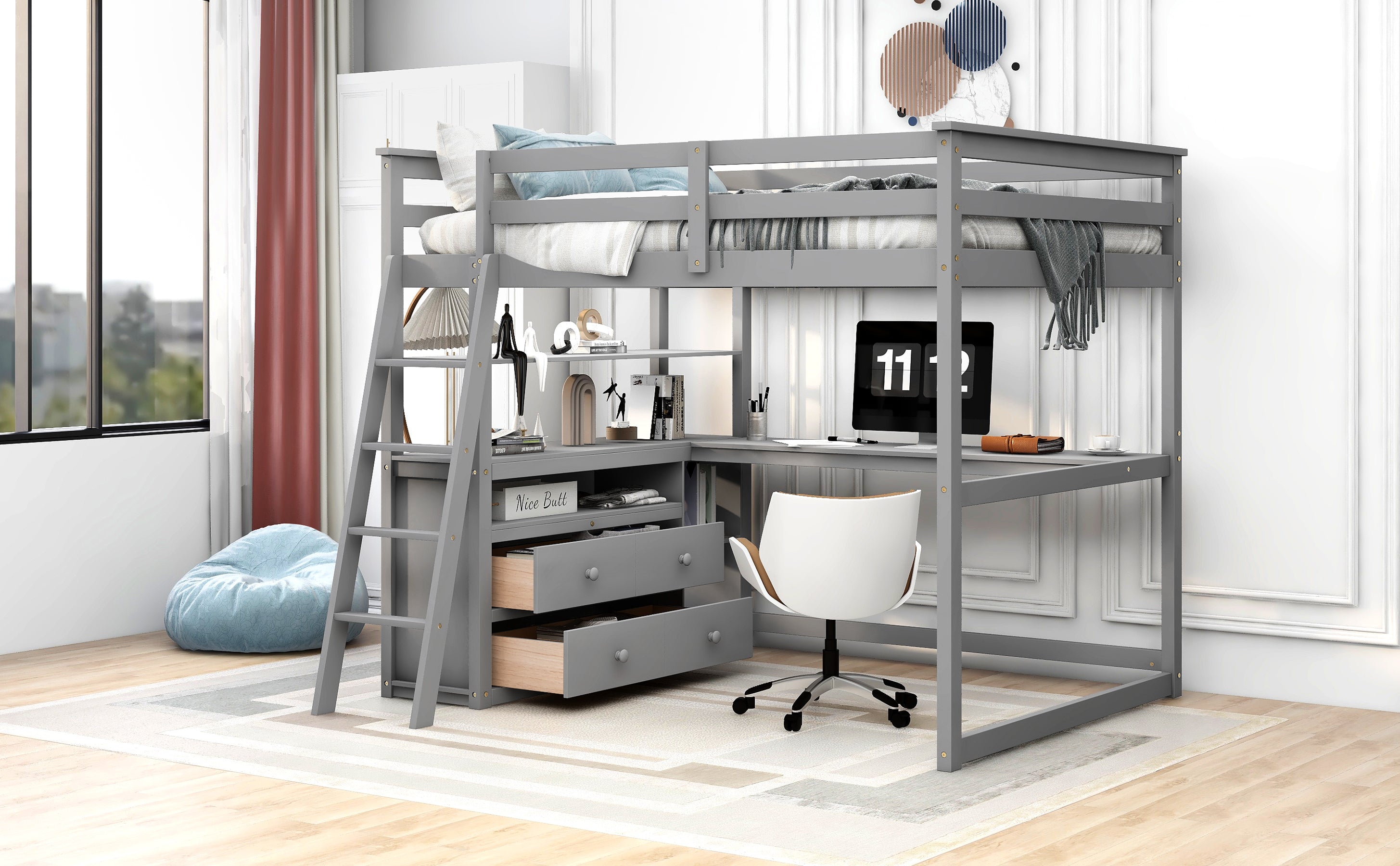 Full Size Loft Bed with Desk and Shelves,Two Built-in Drawers Gray