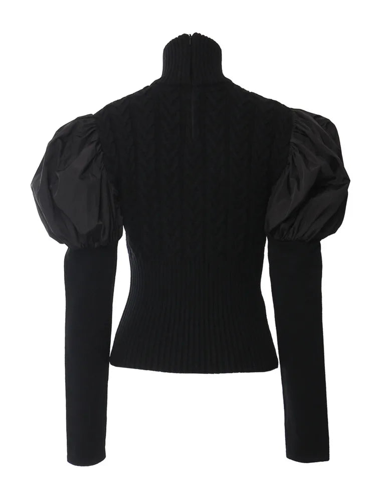 Spliced high neck black sweater women's bubble sleeve slim fit knit top