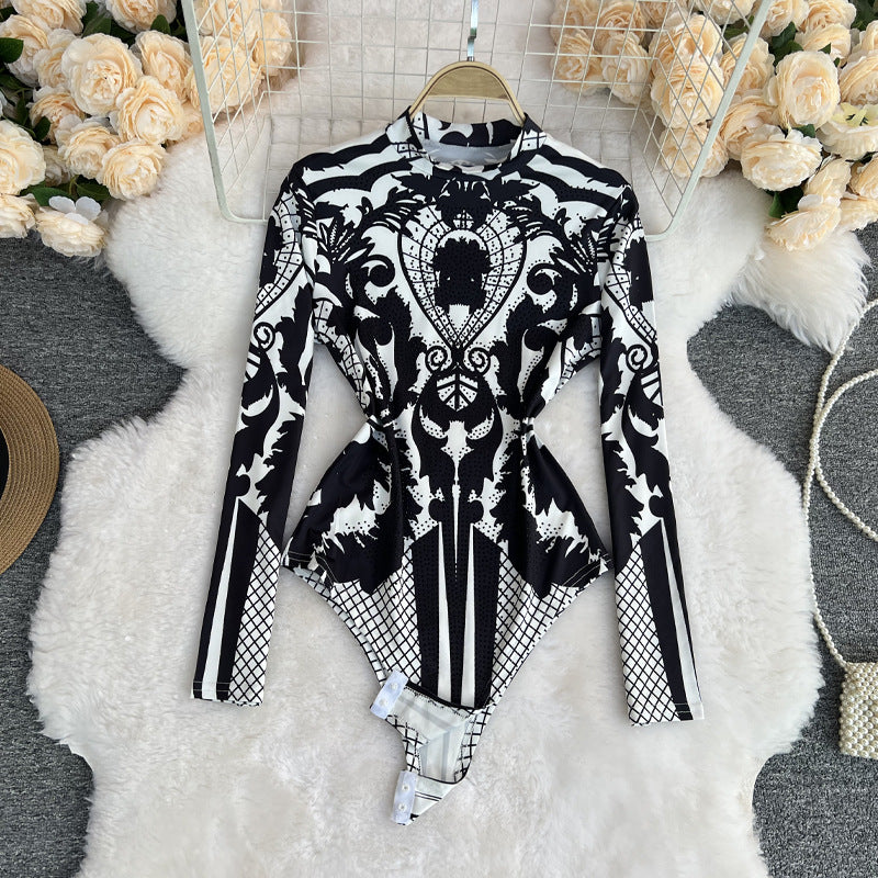 Printed One Piece Top Sexy Slim Standing Collar Bottoming Bodysuit Women