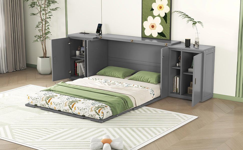 Queen Size Murphy Bed with Shelves, Cabinets and USB Ports,Gray