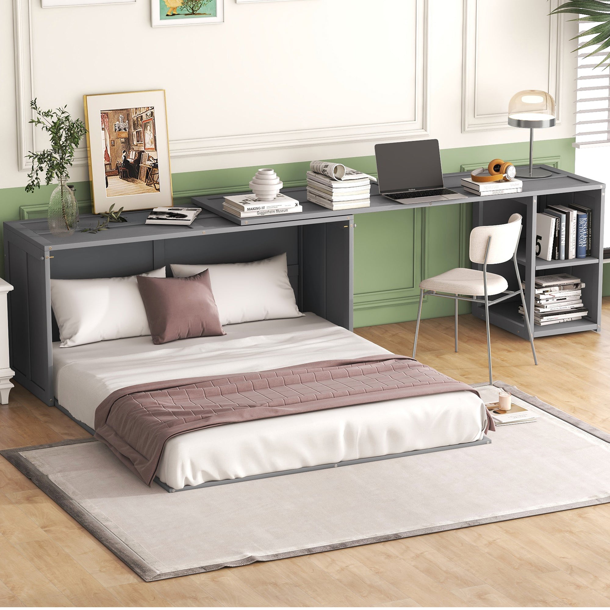 Cama plegable tamaño queen con escritorio giratorio en color gris