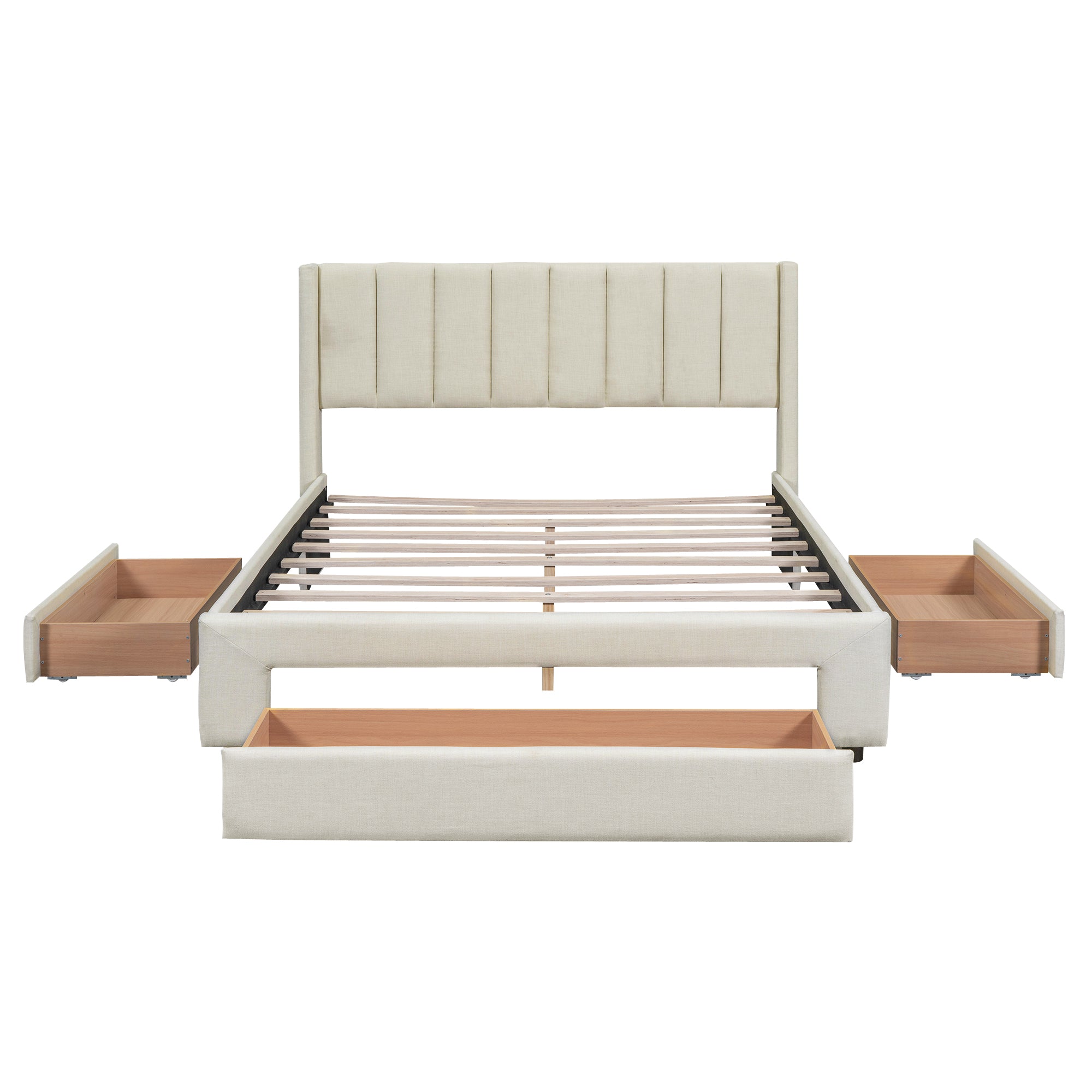 Full Size Upholstered Platform Bed with One Large Drawer in the Footboard and Drawer on Each Side Beige