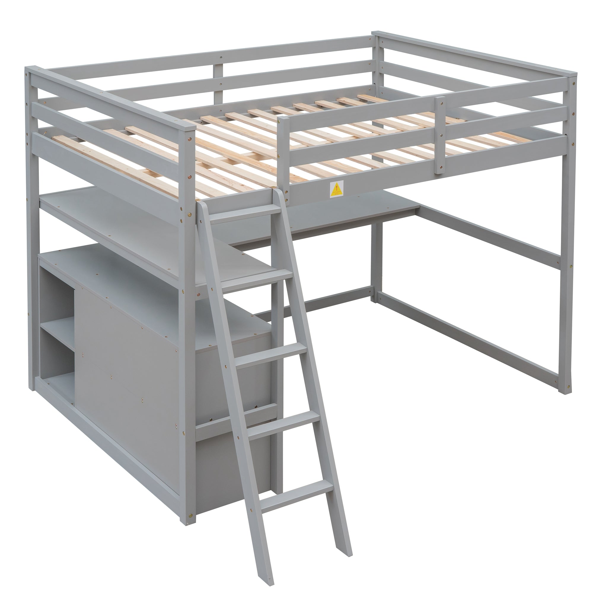 Full Size Loft Bed with Desk and Shelves,Two Built-in Drawers Gray