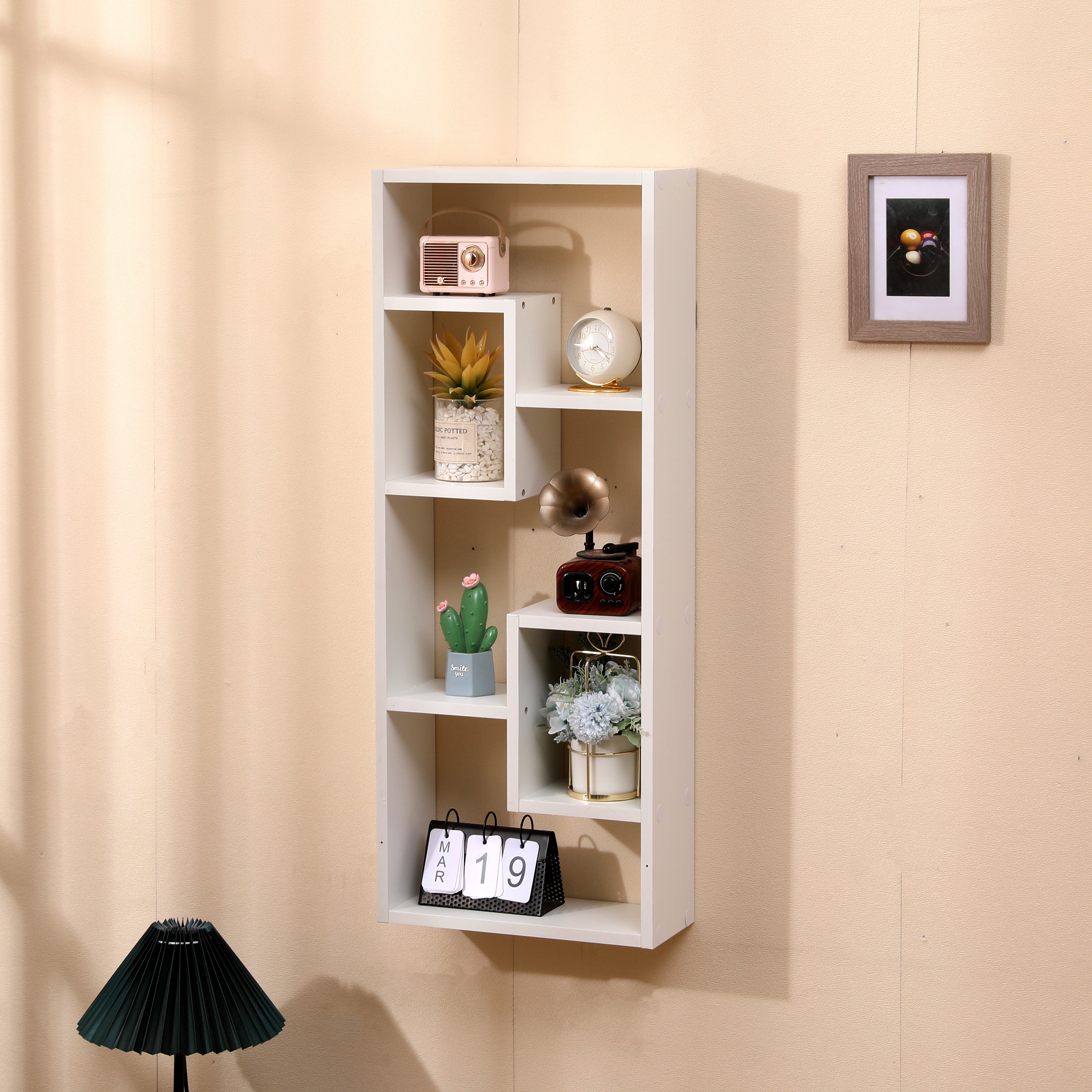 Bookshelf, Freestanding Wood Open Bookcase with 5 Cubes, with 2 keyhole hangers, Home Office Décor Rectangular Storage