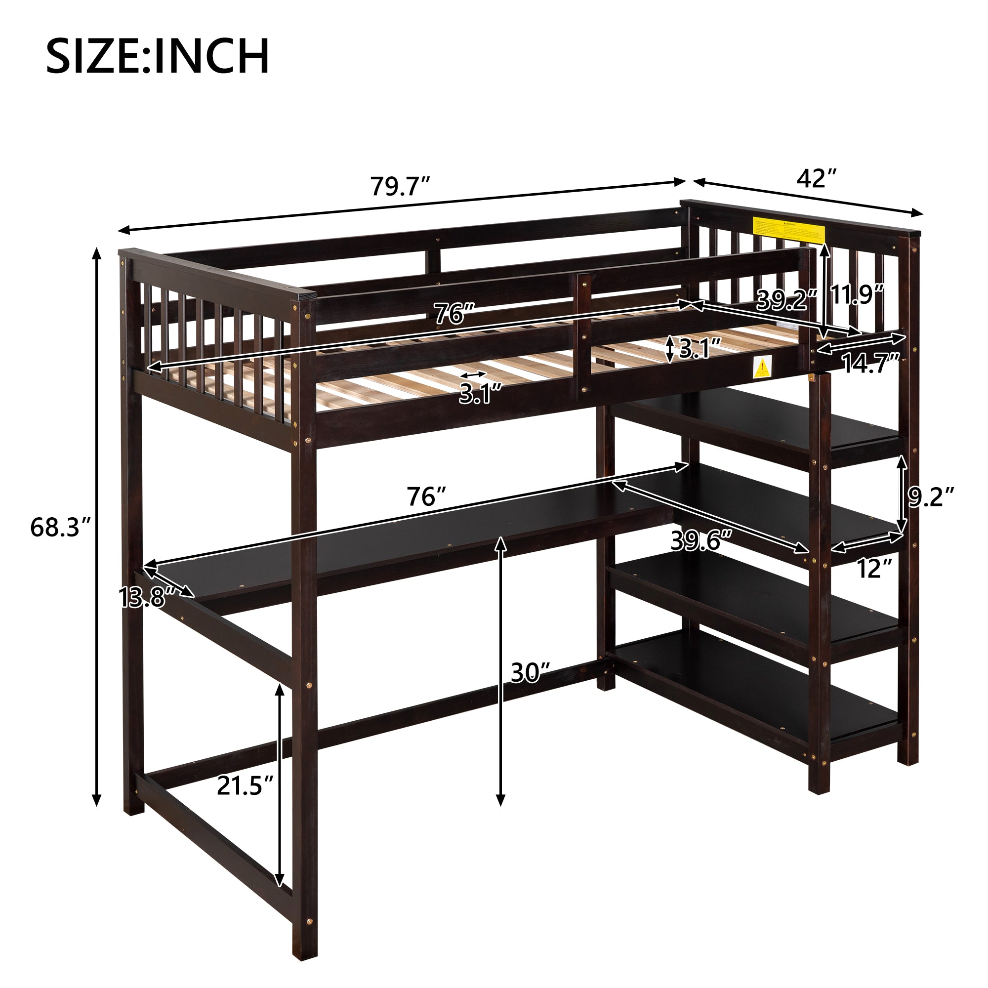 Lit mezzanine double avec étagères de rangement et bureau sous le lit Espresso