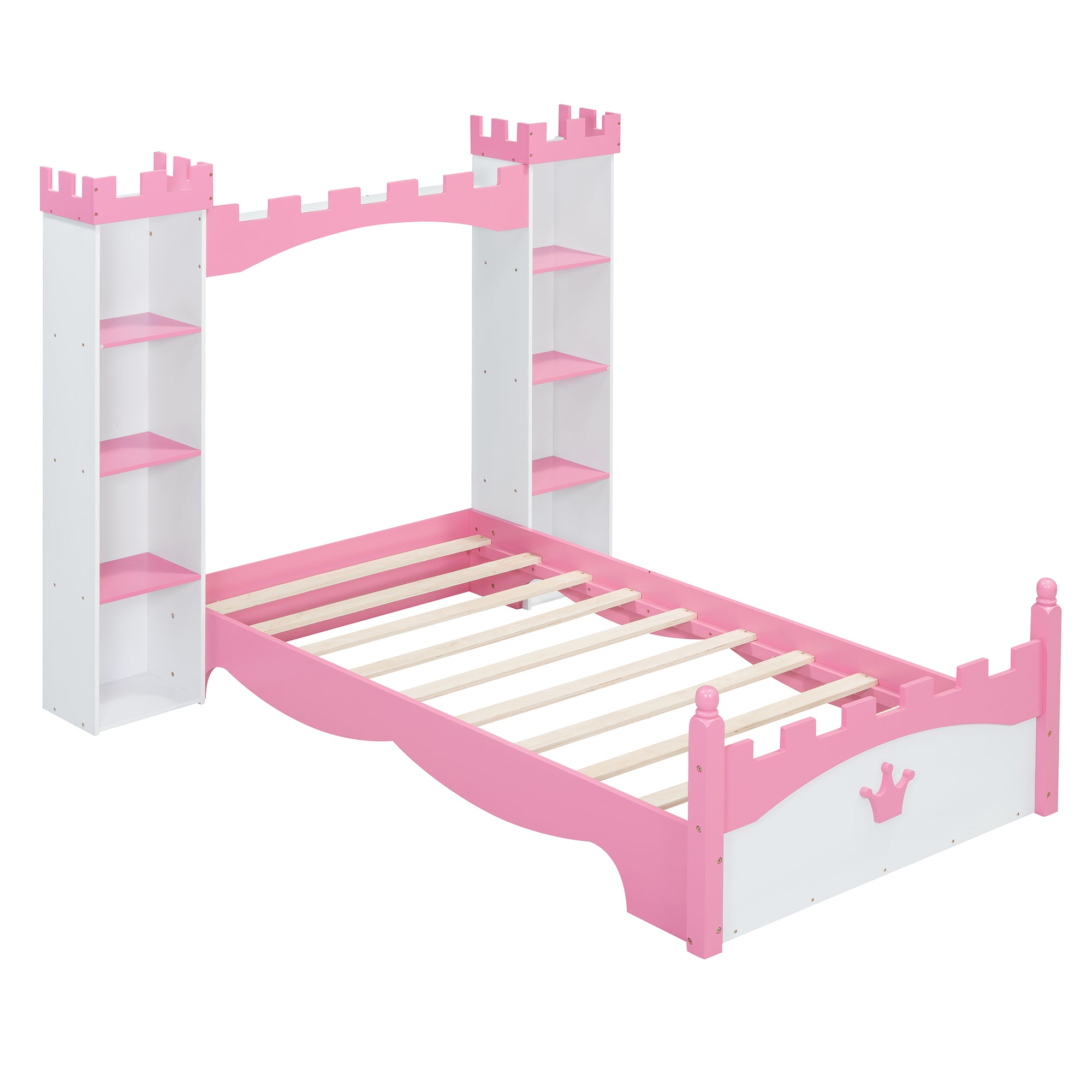 Castle-Shaped Wooden Bed with Storage Shelf, Dreamy Twin Size Platform Bed for Kids Bedroom, White + Pink