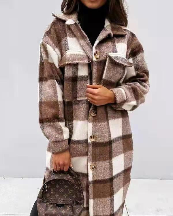 Spring And Autumn New Women's Plaid Brushed Medium Long Woolen Coat