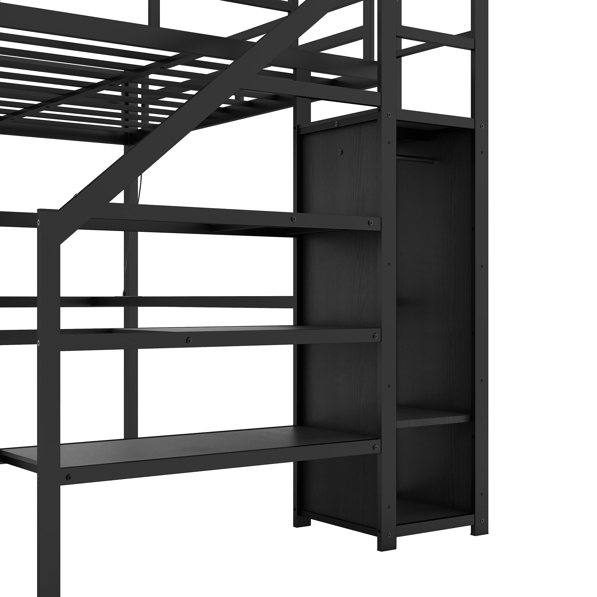 Twin XL loft bed with L-shaped desk and USB, metal loft bed with wardrobe and adjustable shelf, LED loft bed, black