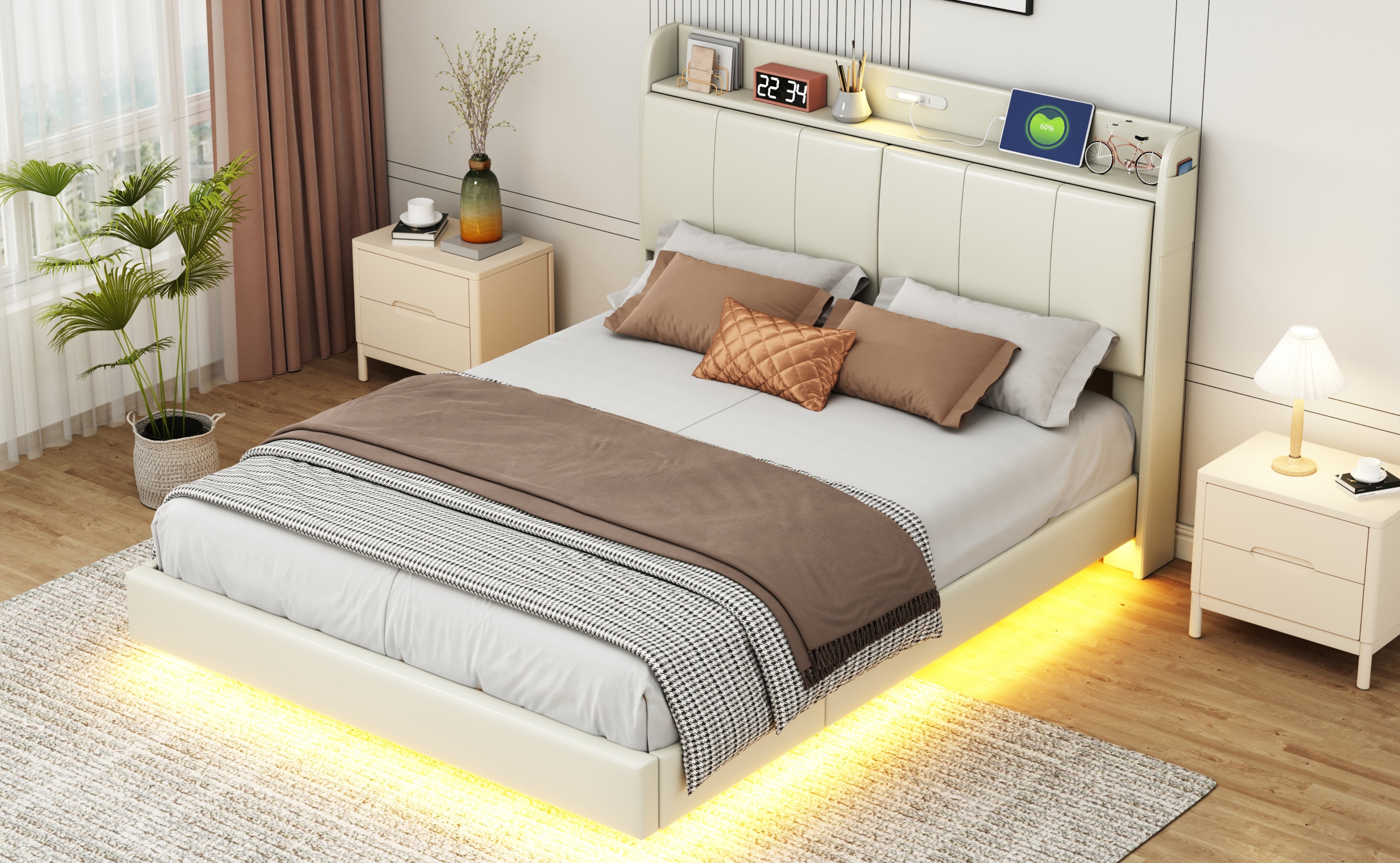 Large floating bed frame with storage headboard, touch sensor, night light and USB charger, padded platform bed, beige color