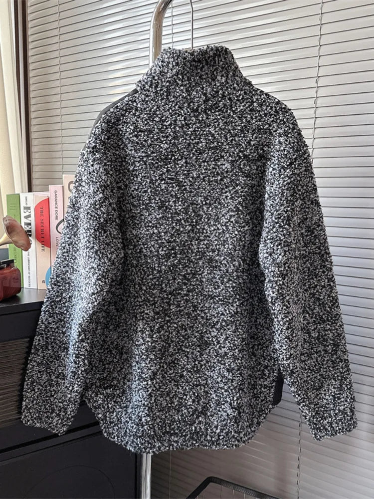 Haut en patchwork rembourré en coton pour femme, manteau en tricot noir ample à col montant et fermeture éclair 