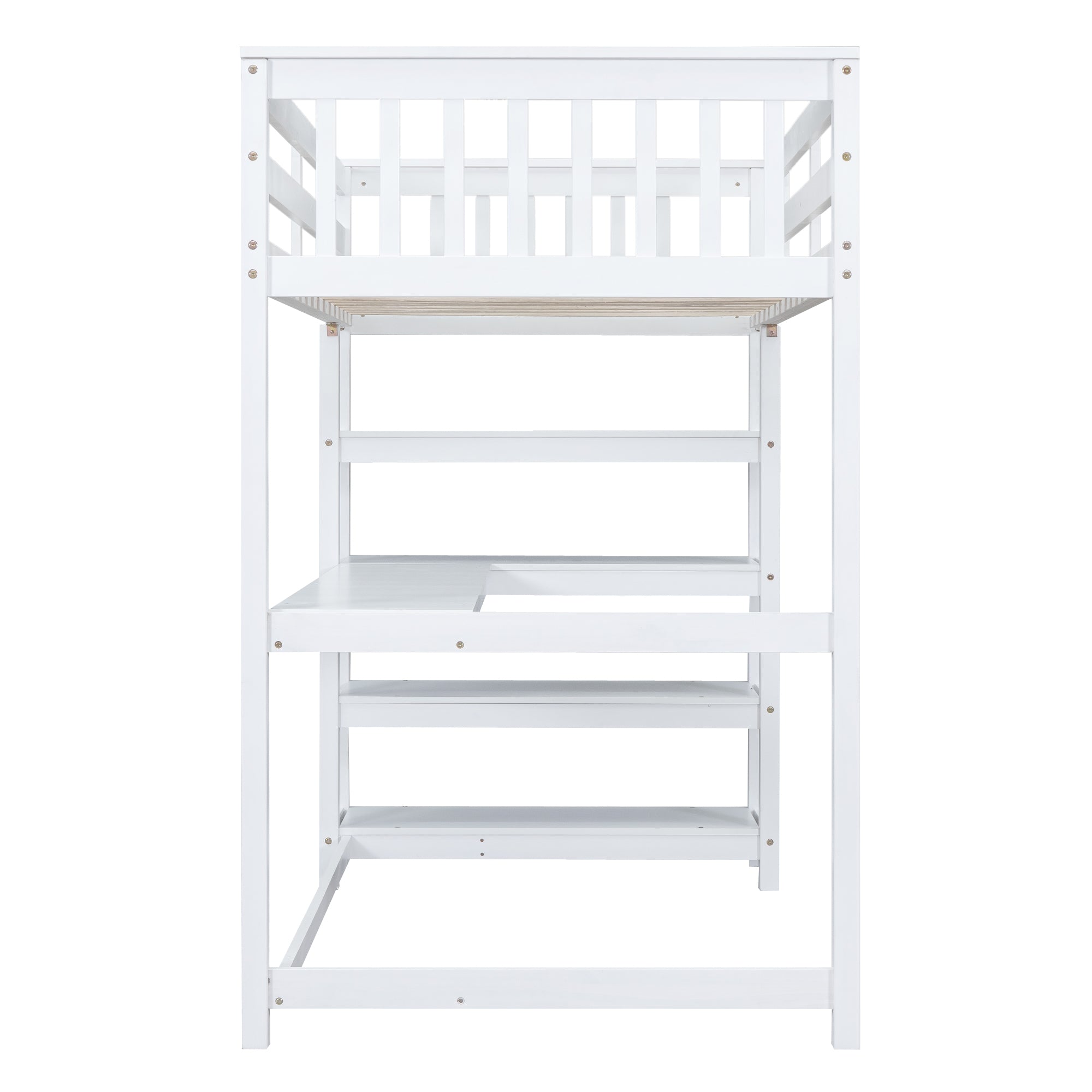 Twin Size Loft Bed with Storage Shelves and Under-bed Desk  White