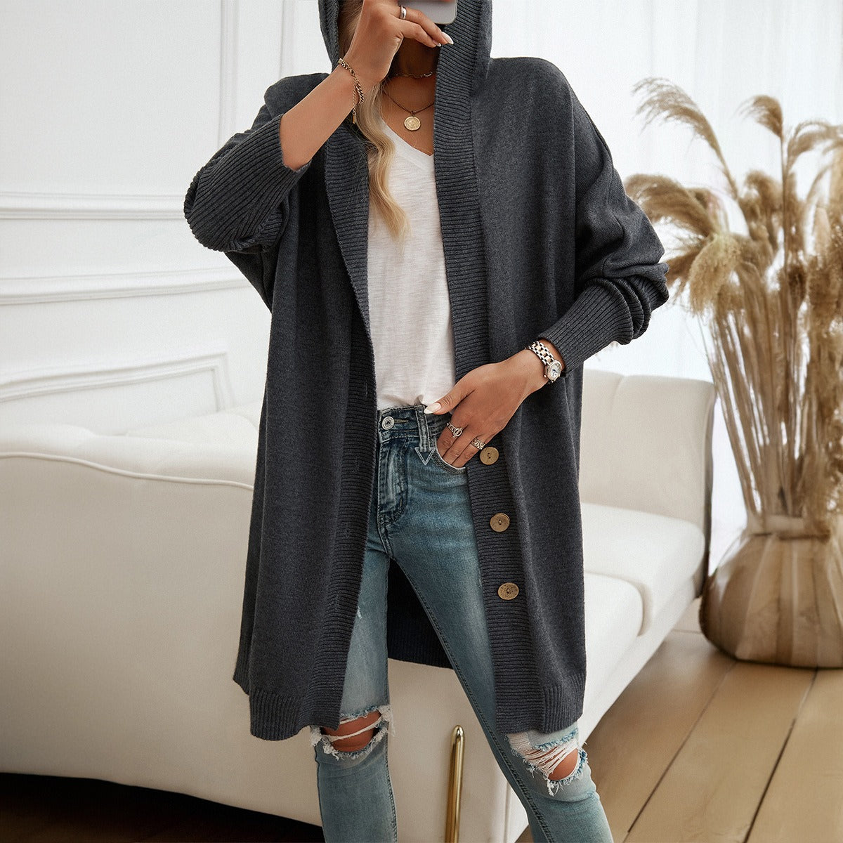 Autumn and winter new casual loose cardigan breasted hooded sweater jacket women's clothing