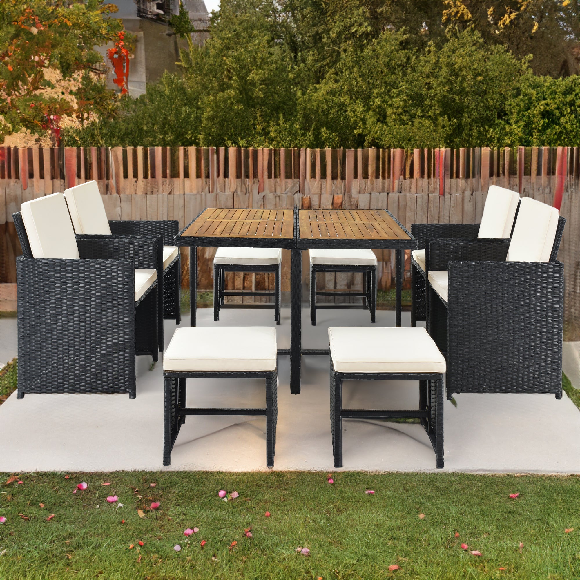 Ensemble de table à manger en osier PE toutes saisons TOPMAX Patio avec plateau en bois pour 8 personnes, rotin noir + coussin beige (9 pièces)