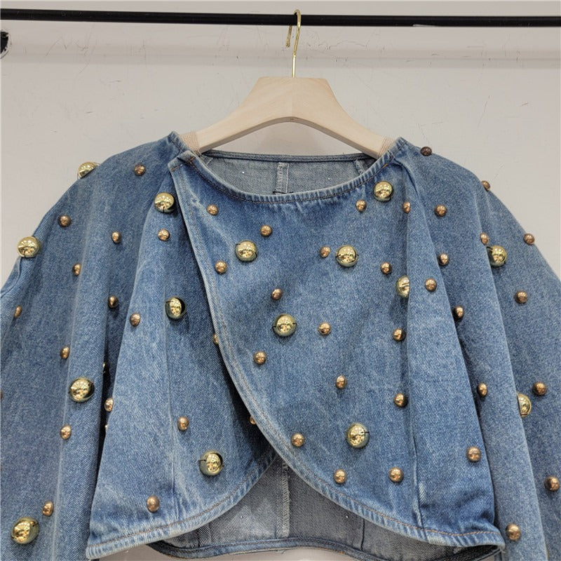 Work Beading Rivet Denim Coat Spring Women Blue Short Round Collar Puff Sleeve Irregular Single Button Jeans Jacket Female