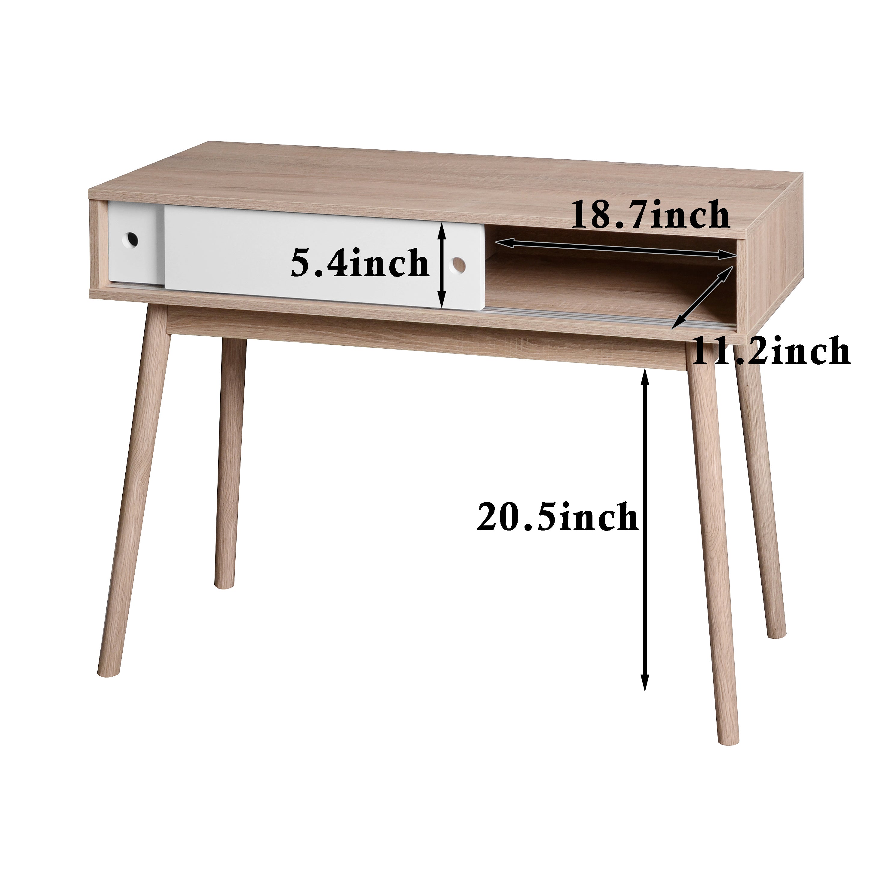 Kitchen Mid-Century Table Writing Desk with 2 Push-pull White Panel Drawers and Wood Legs, Natural Color