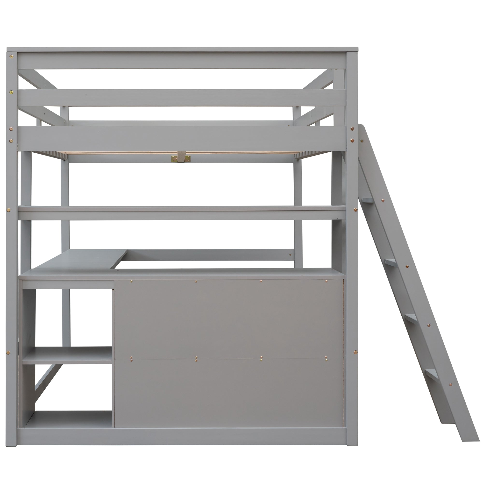 Full Size Loft Bed with Desk and Shelves,Two Built-in Drawers Gray