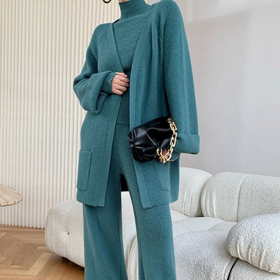 Autumn And Winter Suit Female Celebrity Temperament Turtleneck Sweater Wide Leg Pants Sweater Jacket Slimming Three-Piece Set