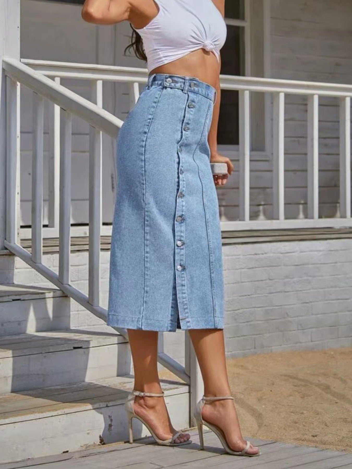 Summer New Women's Button Pack Hips Denim Skirt Fashion Slim Mid Length Jeans Skirt