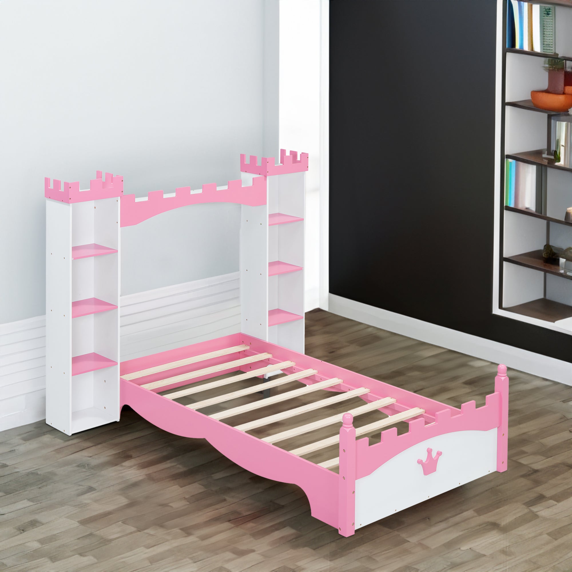 Cama de madera en forma de castillo con estante de almacenamiento, cama de plataforma de tamaño doble de ensueño para dormitorio infantil, blanco y rosa