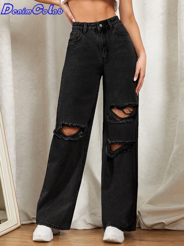 Hole Washed Wide Leg Pants Jeans Women Loose Boyfriend Jeans 100% Cotton Mom Jeans Casual Trousers Denim Pants