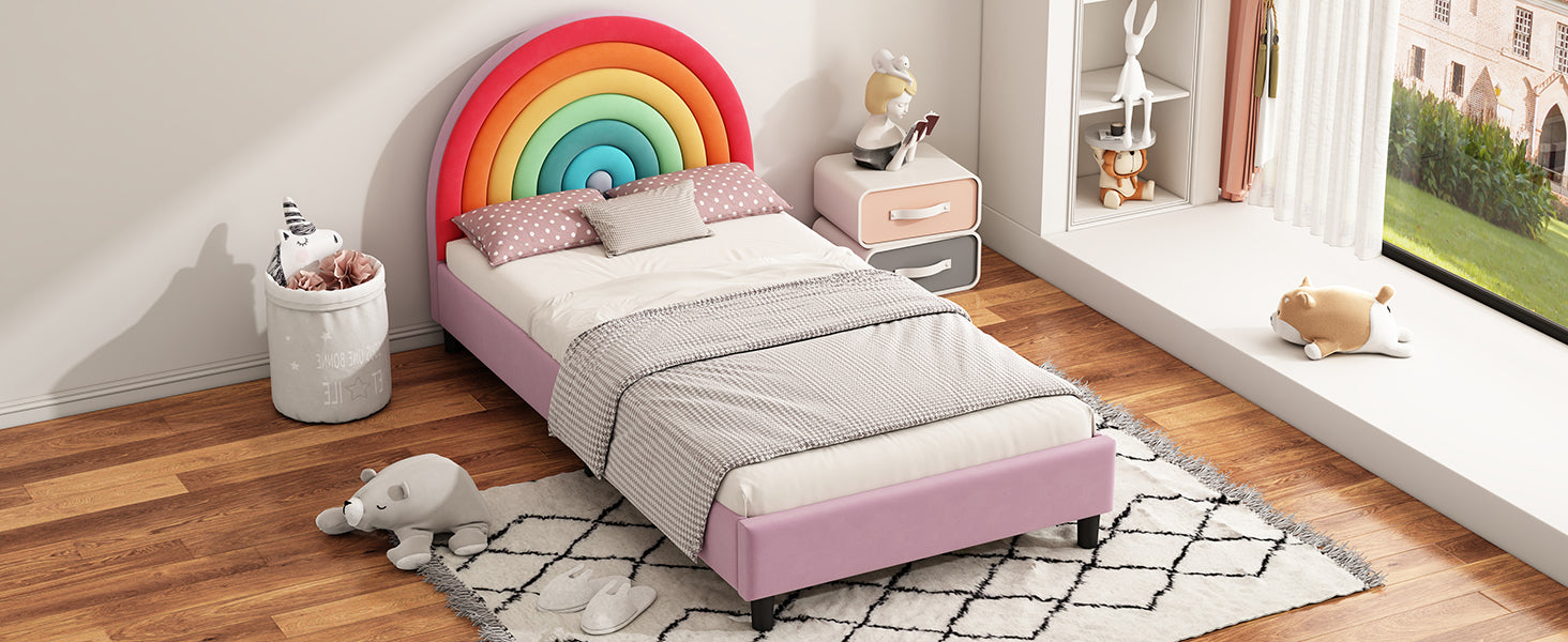 Rainbow Design Upholstered Twin Platform Bed Cute Style Princess Bed for Boys & Girls, Teens, Colorful & Pink