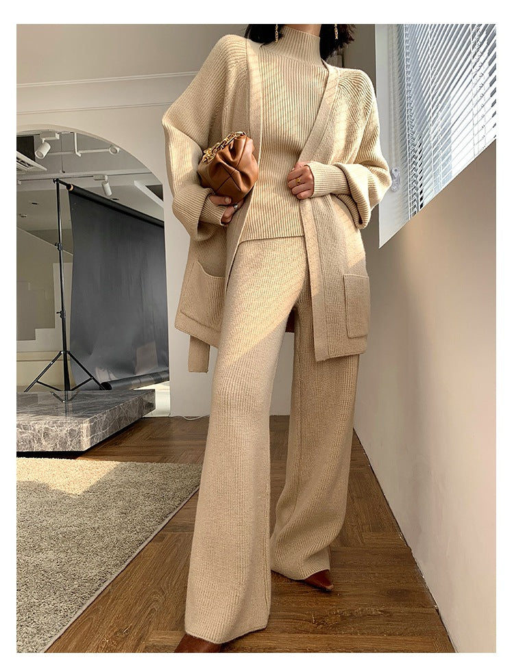 Autumn And Winter Suit Female Celebrity Temperament Turtleneck Sweater Wide Leg Pants Sweater Jacket Slimming Three-Piece Set