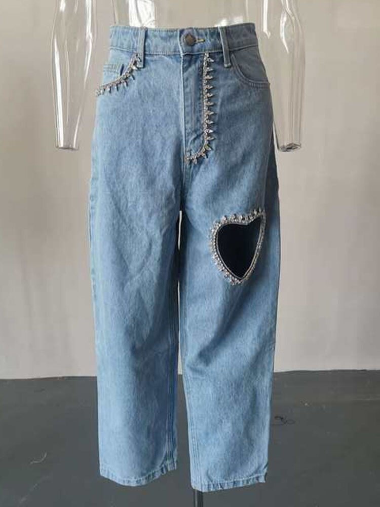 Pantalones vaqueros holgados y rectos con agujeros en forma de corazón y diamantes, estilo urbano, hasta los tobillos, para mujer