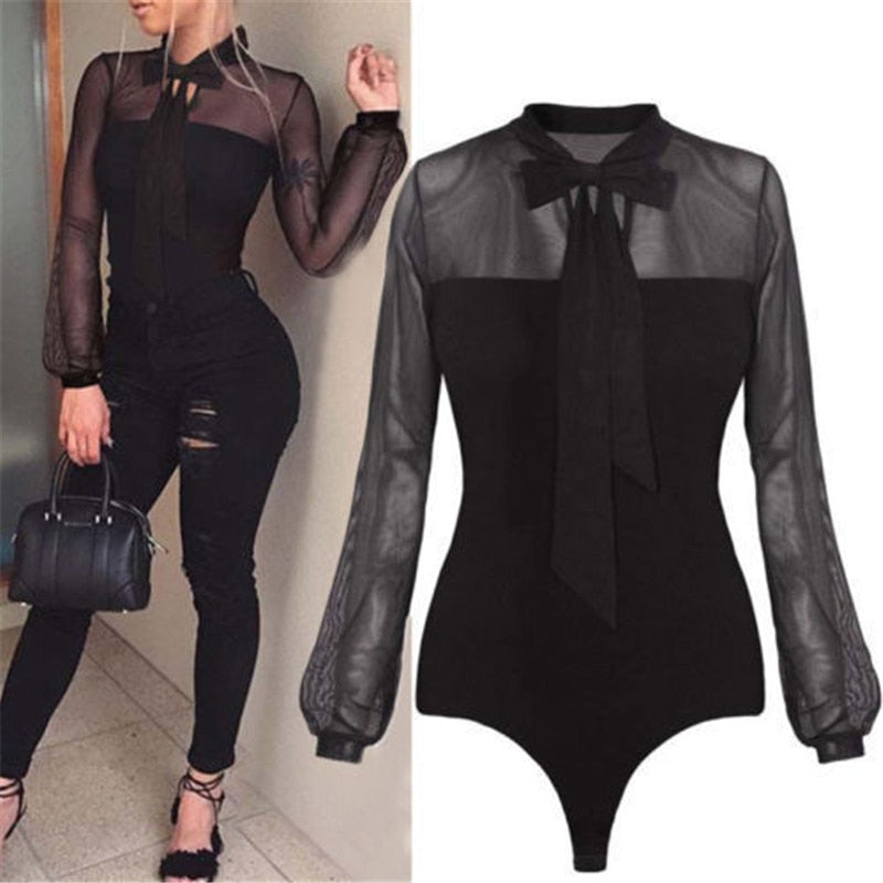 Body d'été sexy pour femme avec nœud noir et col montant en patchwork à manches longues et hauts transparents