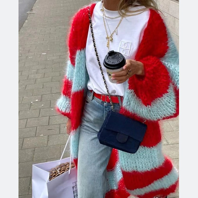 Contrast striped sweater long coat