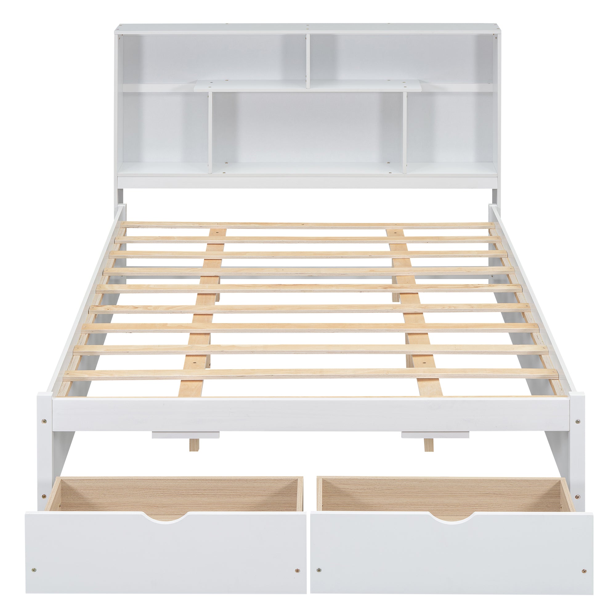 Queen Size Platform Bed with Storage Headboard and 2 Drawers, White