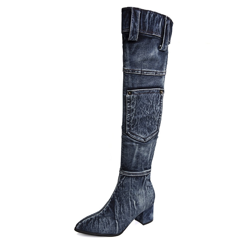 Sexy Jean Boots Women's Knee-High Boot Zipper 6CM High Heel Woman Stylish Jeans Boots Ladies Denim Boot Female Shoes Cowboy