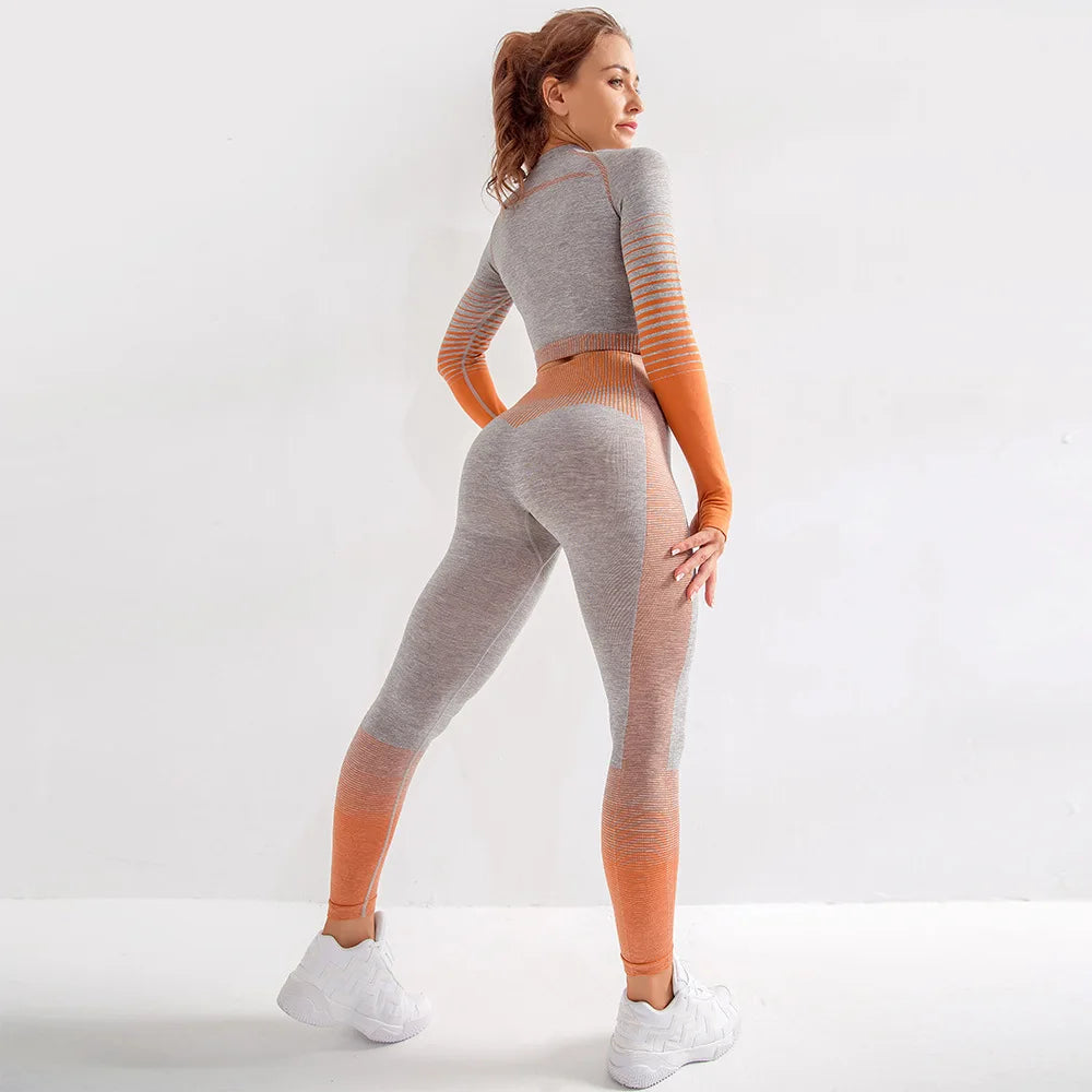 Gradient Sport Suit Woman Seamless Running Tracksuit Sportswear Gym Crop Top Yoga Pant Fitness Clothes Workout Leggings Yoga Set