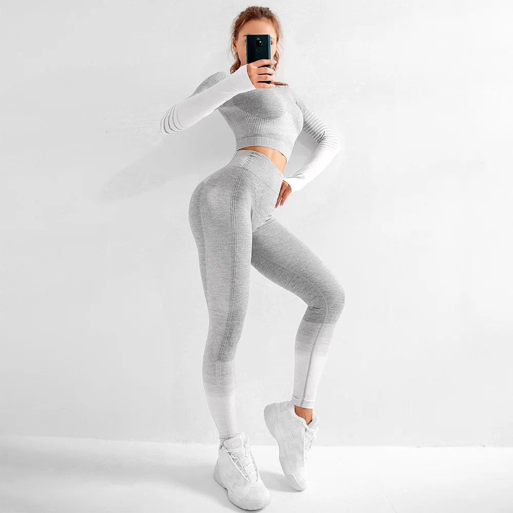 Gradient Sport Suit Woman Seamless Running Tracksuit Sportswear Gym Crop Top Yoga Pant Fitness Clothes Workout Leggings Yoga Set