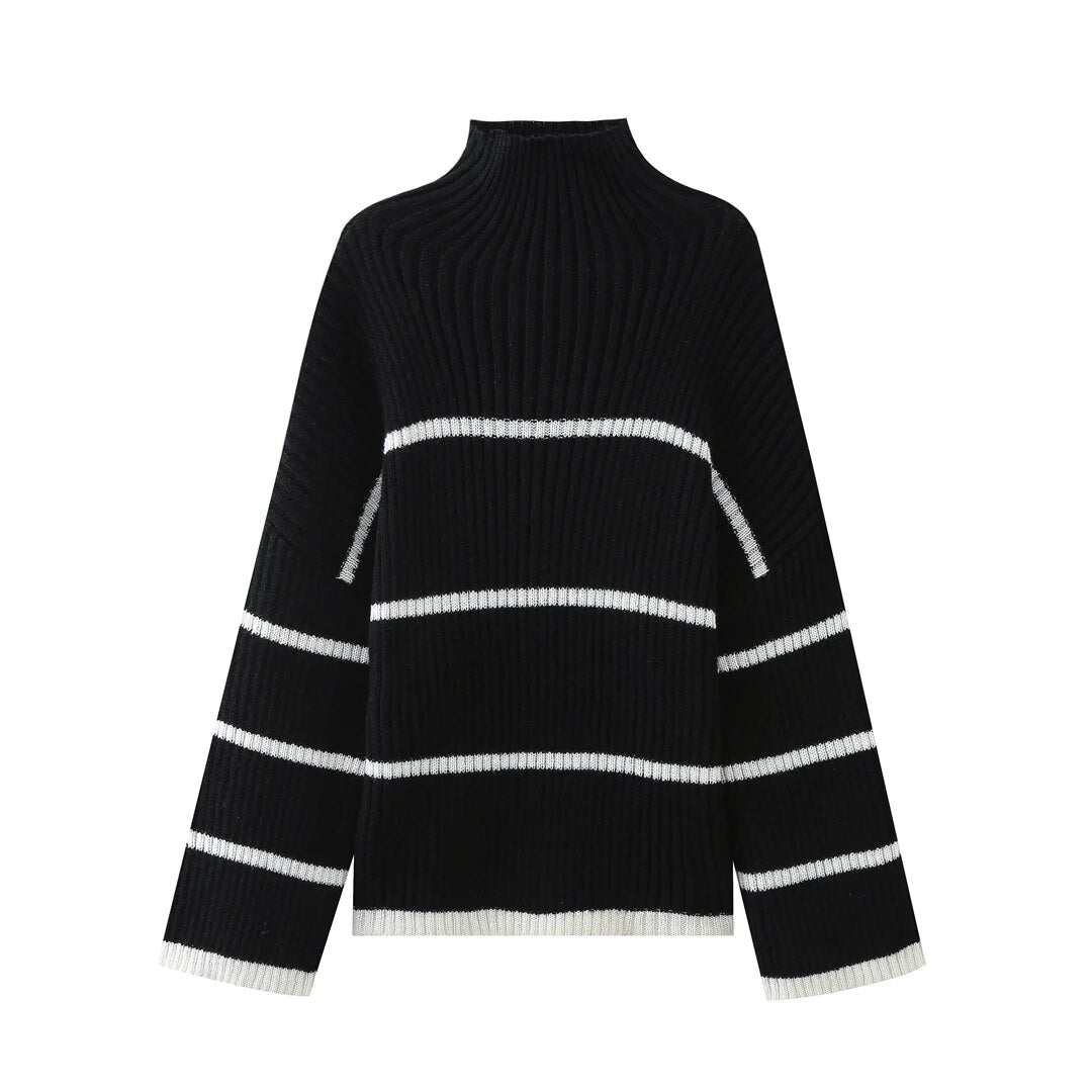 Black Striped Sweaters for Women Turtleneck Knitted Sweater