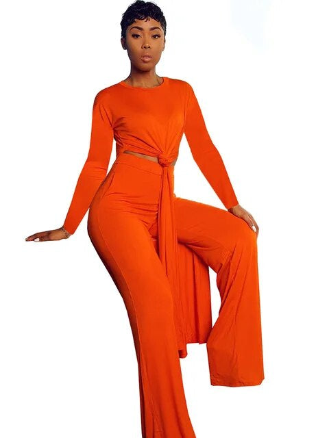 Solid Classic Women's Set Long Sleeve High Slit X-long Tee Top Straight Pant Suit