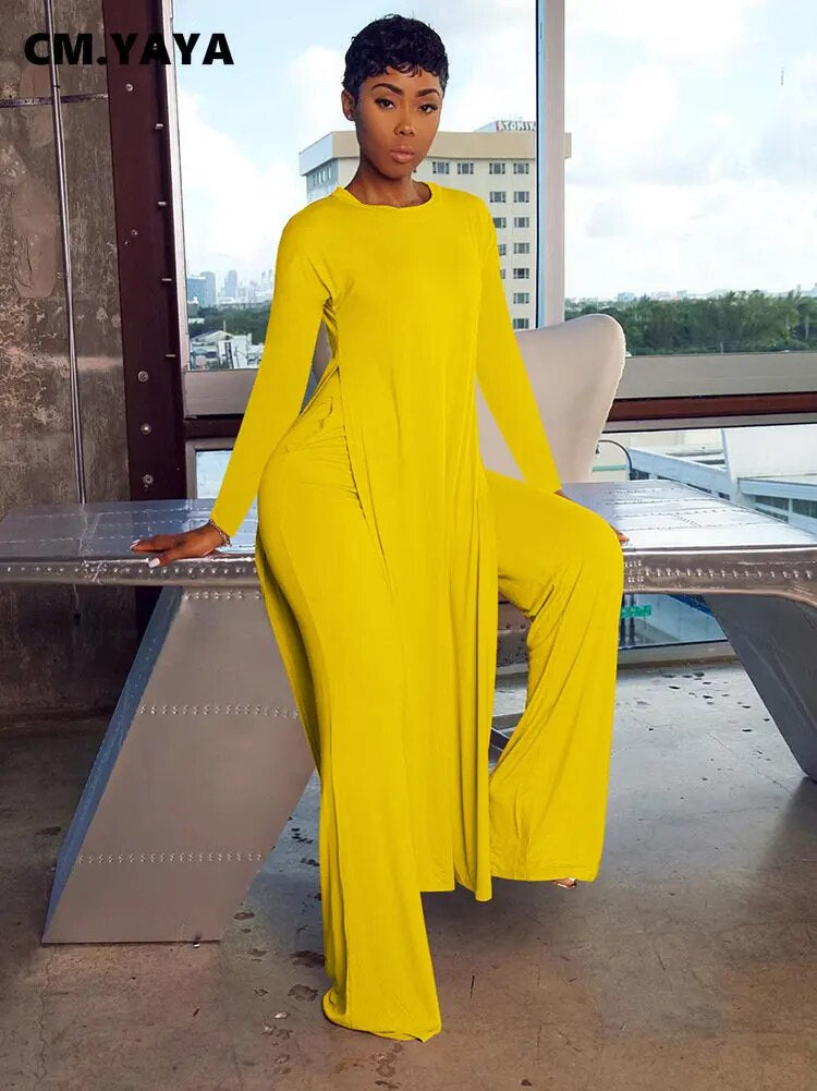 Solid Classic Women's Set Long Sleeve High Slit X-long Tee Top Straight Pant Suit