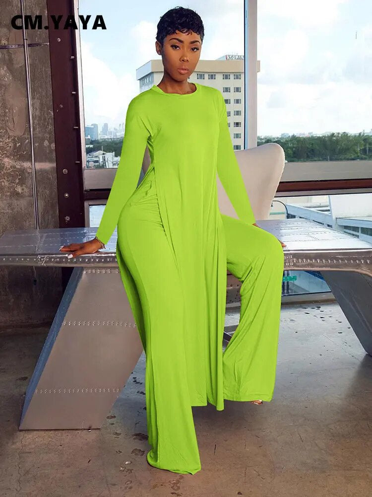 Solid Classic Women's Set Long Sleeve High Slit X-long Tee Top Straight Pant Suit