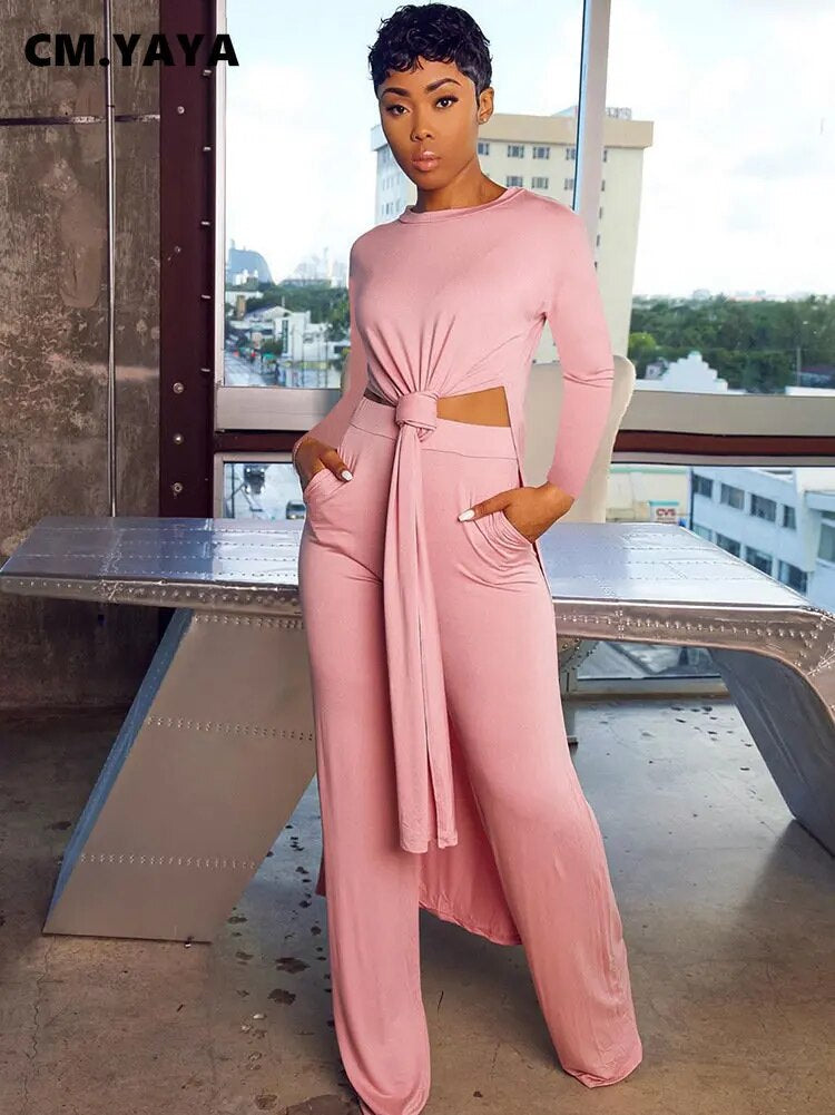 Solid Classic Women's Set Long Sleeve High Slit X-long Tee Top Straight Pant Suit