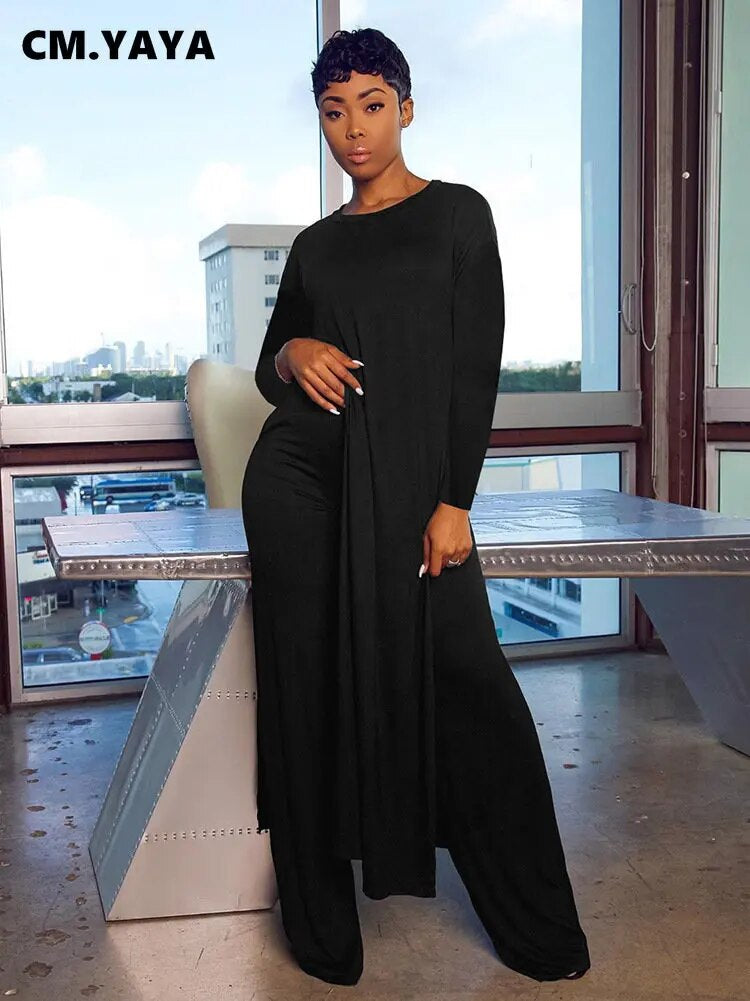 Solid Classic Women's Set Long Sleeve High Slit X-long Tee Top Straight Pant Suit