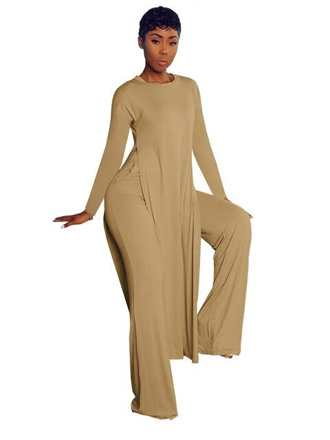 Solid Classic Women's Set Long Sleeve High Slit X-long Tee Top Straight Pant Suit