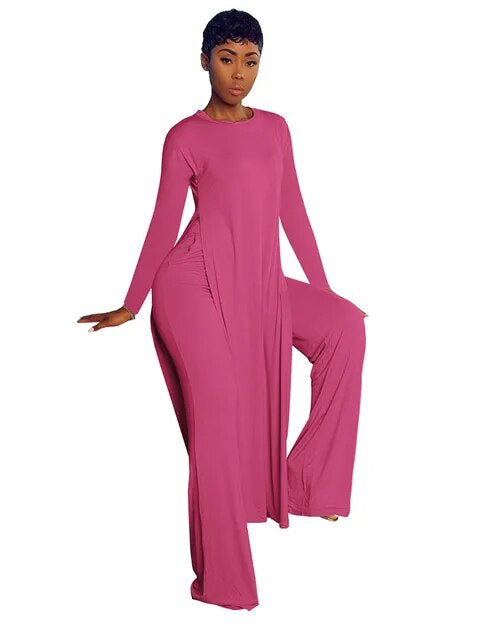 Solid Classic Women's Set Long Sleeve High Slit X-long Tee Top Straight Pant Suit