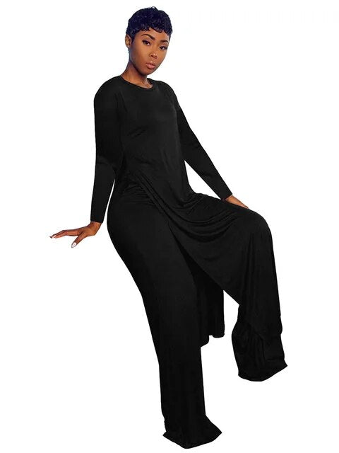 Solid Classic Women's Set Long Sleeve High Slit X-long Tee Top Straight Pant Suit