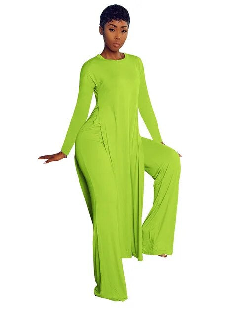 Solid Classic Women's Set Long Sleeve High Slit X-long Tee Top Straight Pant Suit