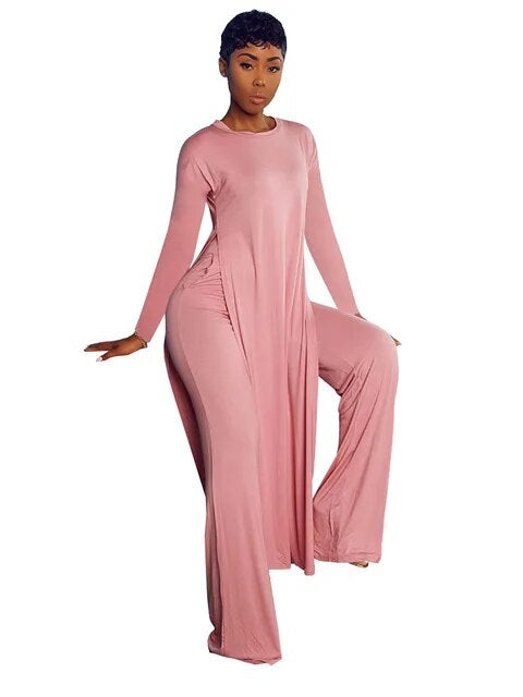 Solid Classic Women's Set Long Sleeve High Slit X-long Tee Top Straight Pant Suit