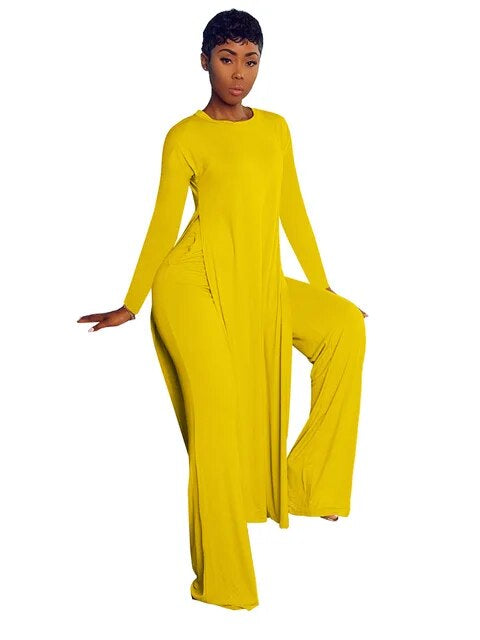 Solid Classic Women's Set Long Sleeve High Slit X-long Tee Top Straight Pant Suit