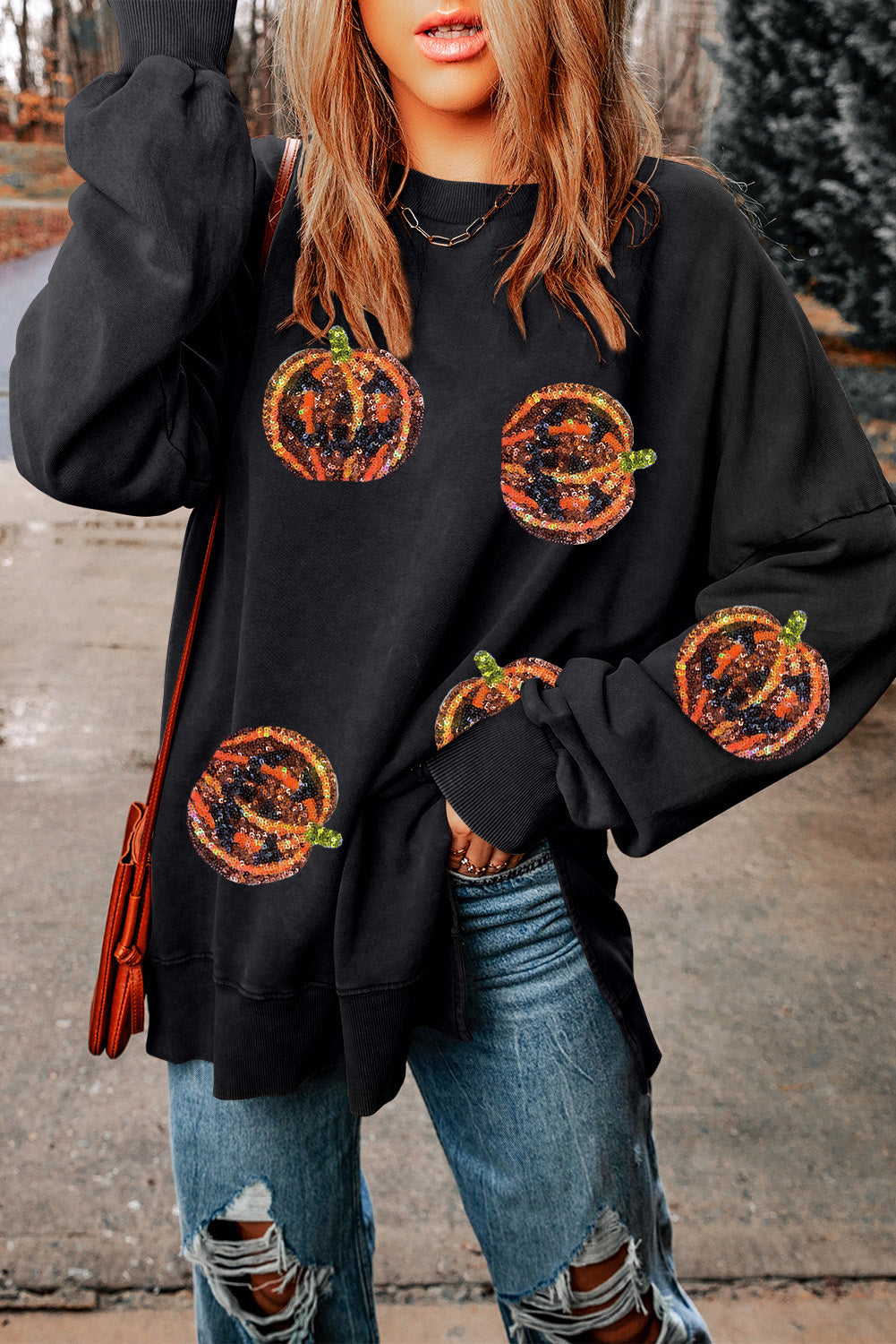 Pumpkin Print Dropped Shoulder Sweatshirt