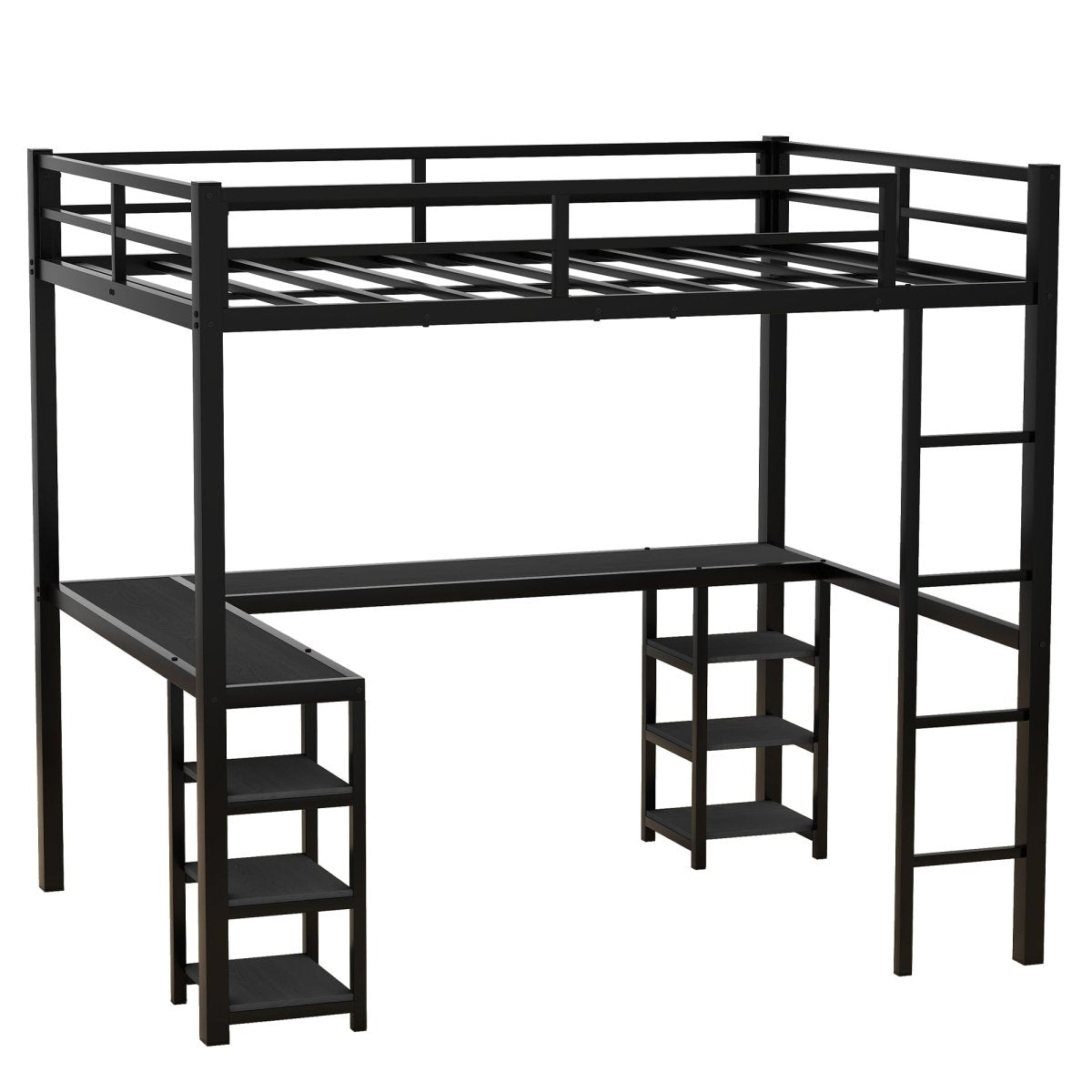 All metal loft bed with desk and shelf, loft bed with ladder and guardrail, black with black desk - Qreatrz Fashion and Design LLC