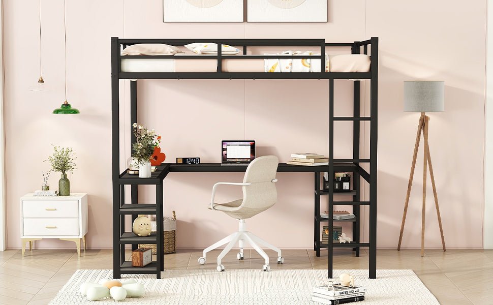 All metal loft bed with desk and shelf, loft bed with ladder and guardrail, black with black desk - Qreatrz Fashion and Design LLC